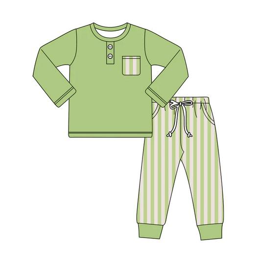5.29 Preorder (moq 5)Baby Boys Green Long Sleeves Button Pocket Top Stripes Legging Pant Set