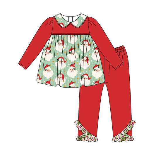 5.29 Preorder (moq 5)Baby Girls Red Long Sleeves Stars Santa Tunic Legging Ruffle Pant Set