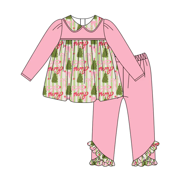 5.29 Preorder (moq 5)Baby Girls Pink Long Sleeves Trees Bows Tunic Legging Ruffle Pant Set