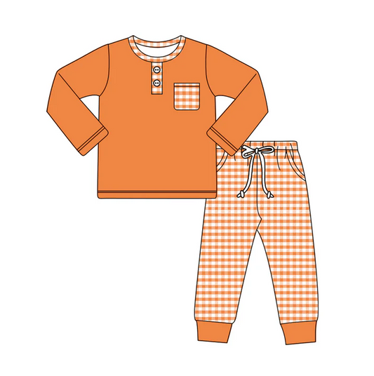5.29 Preorder (moq 5)Baby Boys Orange Long Sleeves Button Pocket Top Stripes Legging Pant Set