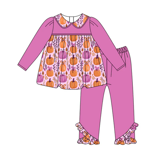 5.29 Preorder (moq 5)Baby Girls Hot Pink Long Sleeves Floral Pumpkins Tunic Legging Ruffle Pant Set