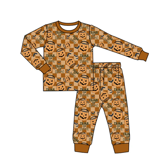 5.29 Preorder (moq 5)Baby Boys Khaki Plaid Long Sleeves Ghosts Pumpkins Top Pant Pajamas Set