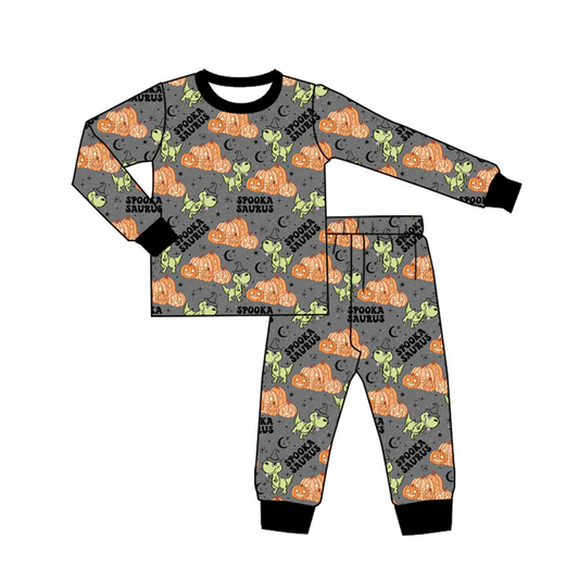 5.29 Preorder (moq 5)Baby Boys Gray Long Sleeves Dogs Floral Pumpkins Top Pant Pajamas Set