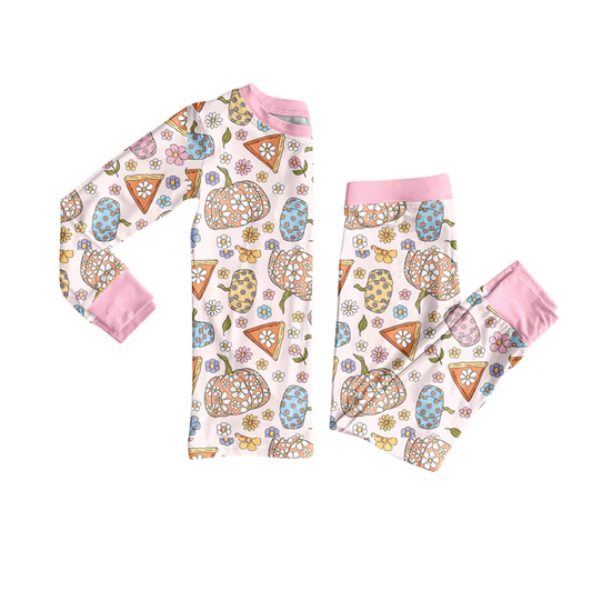 5.29 Preorder (moq 5)Baby Girls Long Sleeves Pink Floral Pumpkins Top Pant Pajamas Set
