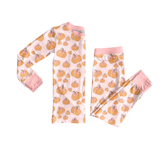 5.29 Preorder (moq 5)Baby Girls Long Sleeves Light Pink Pumpkins Top Pant Pajamas Set