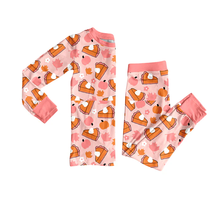 5.29 Preorder (moq 5)Baby Girls Long Sleeves Pink Pumpkins Cakes Top Pant Pajamas Set