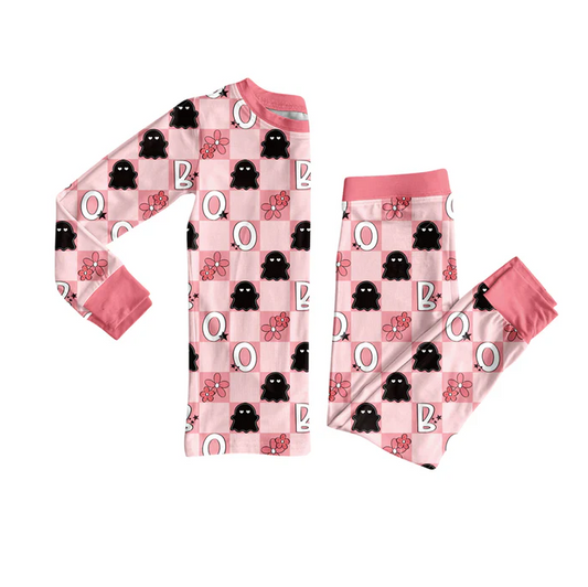 5.29 Preorder (moq 5)Baby Girls Long Sleeves Pink Plaid Flowers Ghosts Top Pant Pajamas Set