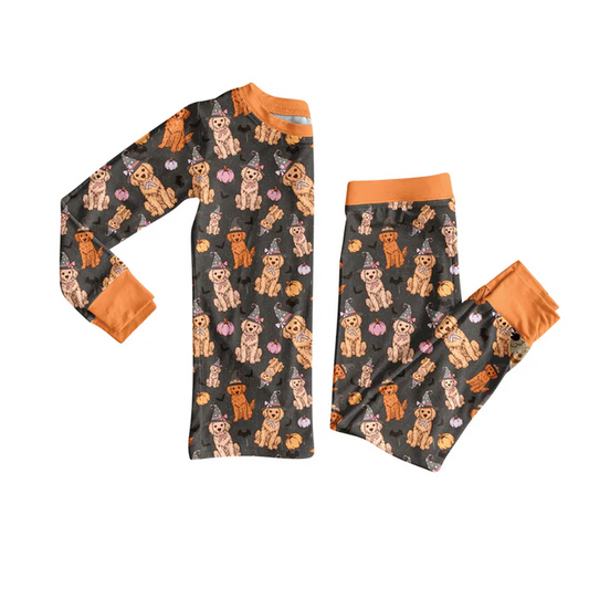 5.29 Preorder (moq 5)Baby Girls Long Sleeves Orange Dogs Pumpkins Top Pant Pajamas Set