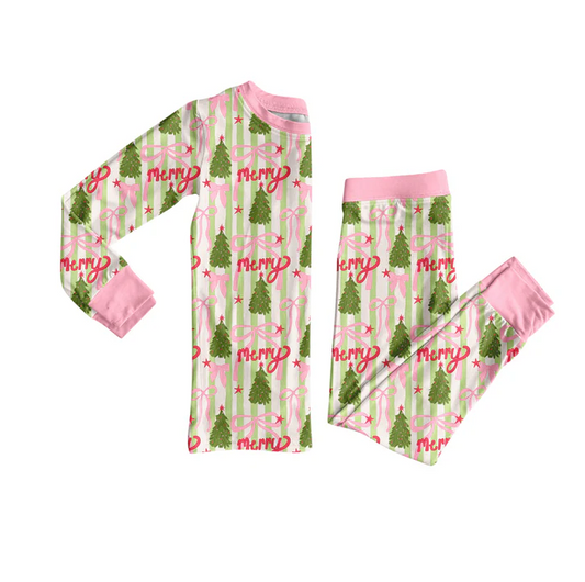 5.29 Preorder (moq 5)Baby Girls Long Sleeves Trees Bows Stripe Top Pant Pajamas Set