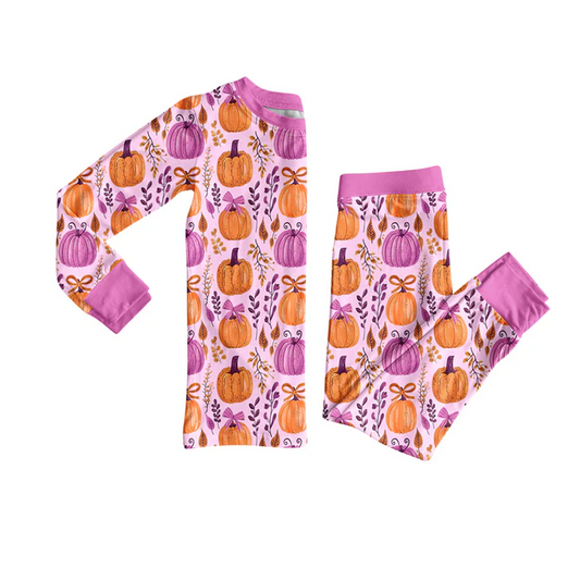 5.29 Preorder (moq 5)Baby Girls Hot Pink Long Sleeves Floral Pumpkins Top Pant Pajamas Set