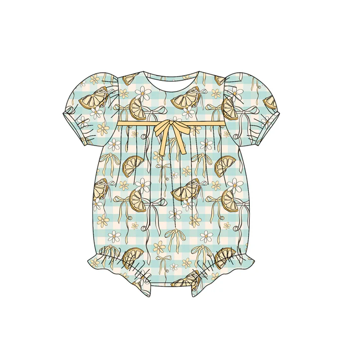5.29 Preorder (moq 5)Baby Girls Blue Stripe Short Ruffle Sleeves Lemons Flowers Rompers