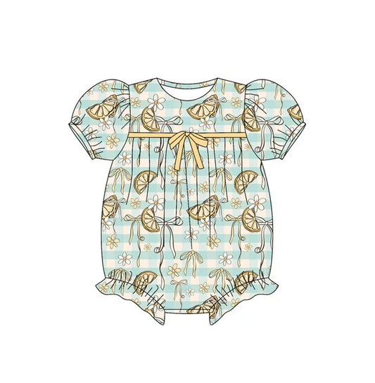5.29 Preorder (moq 5)Baby Girls Blue Stripe Short Ruffle Sleeves Lemons Flowers Rompers