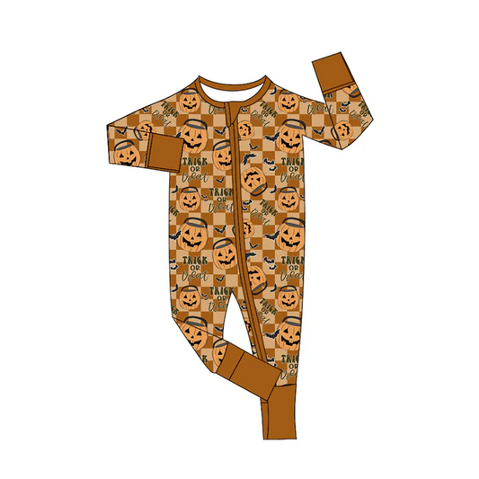 5.29 Preorder (moq 5)Baby Boys Khaki Plaid Long Sleeves Ghosts Pumpkins Zipper Pant Rompers