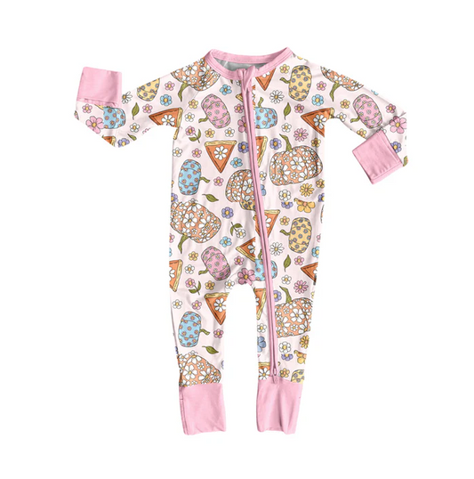 5.29 Preorder (moq 5)Baby Girls Pink Long Sleeves Floral Pumpkins Cakes Zipper Pant Rompers