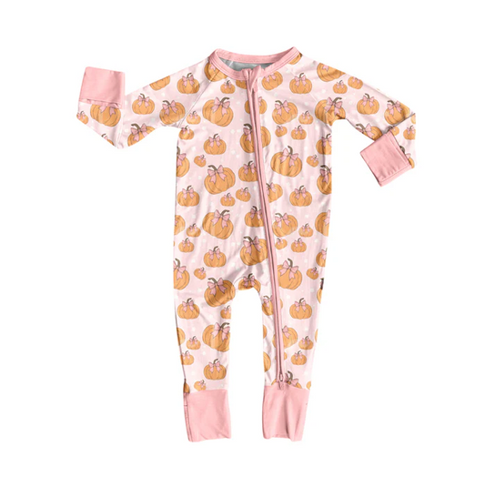 5.29 Preorder (moq 5)Baby Girls Light Pink Long Sleeves Pumpkins Plaid Zipper Pant Rompers