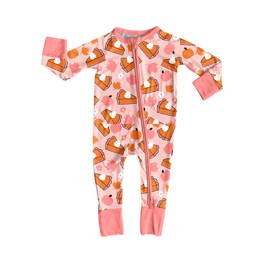 5.29 Preorder (moq 5)Baby Girls Pink Long Sleeves Pumpkins Cakes Zipper Pant Rompers