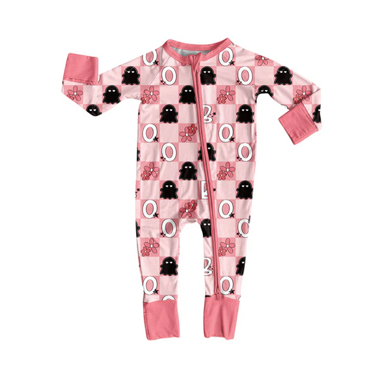5.29 Preorder (moq 5)Baby Girls Pink Plaid Long Sleeves Flowers Ghosts Zipper Pant Rompers