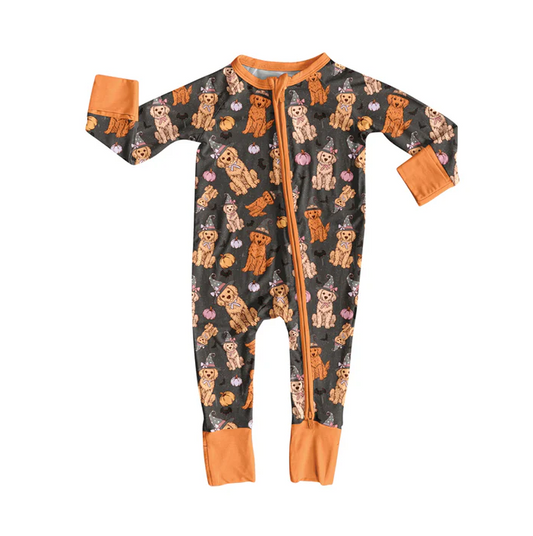 5.29 Preorder (moq 5)Baby Boys Orange Long Sleeves Dogs Pumpkins Zipper Pant Rompers