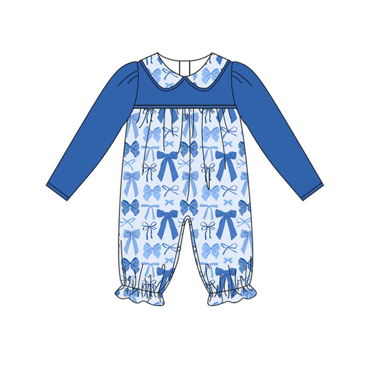 5.29 Preorder (moq 5)Baby Girls Hot Blue Long Sleeves Bows Plaid Ruffle Pant Rompers