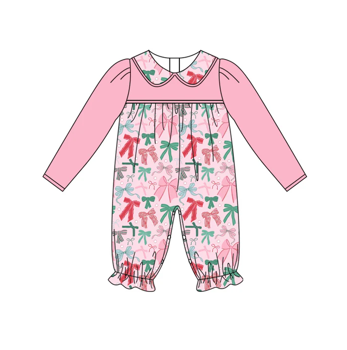 5.29 Preorder (moq 5)Baby Girls Pink Long Sleeves Colorful Bows Ruffle Pant Rompers