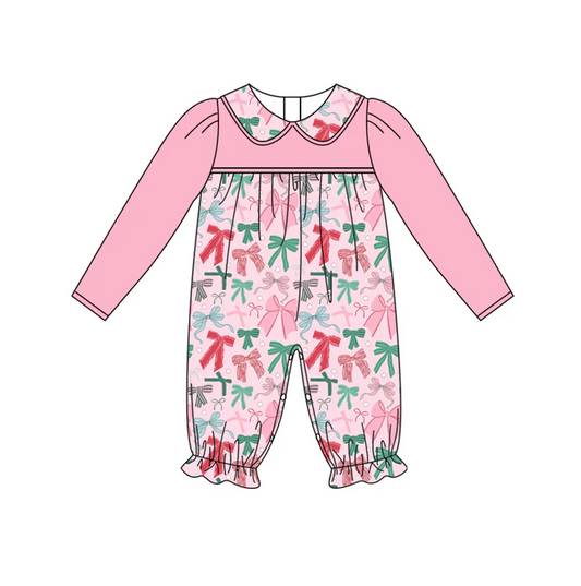 5.29 Preorder (moq 5)Baby Girls Pink Long Sleeves Colorful Bows Ruffle Pant Rompers