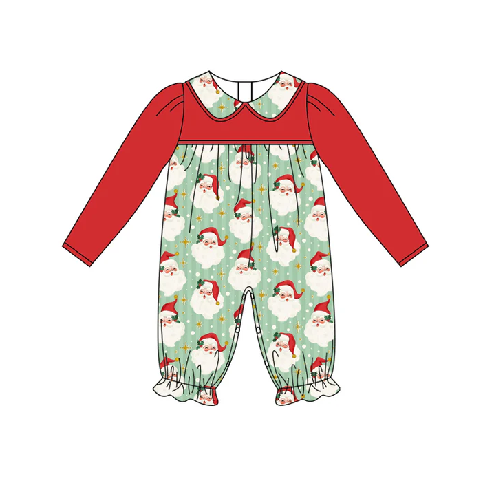 5.29 Preorder (moq 5)Baby Girls Red Long Sleeves Stars Santa Ruffle Pant Rompers