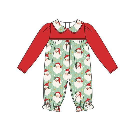 5.29 Preorder (moq 5)Baby Girls Red Long Sleeves Stars Santa Ruffle Pant Rompers