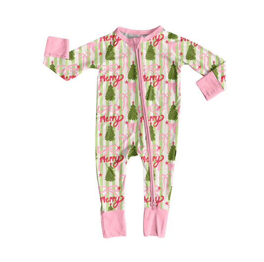 5.29 Preorder (moq 5)Baby Girls Pink Long Sleeves Bows Trees Stripes Zipper Pant Rompers