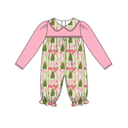 5.29 Preorder (moq 5)Baby Girls Pink Long Sleeves Bows Trees Stripes Ruffle Pant Rompers