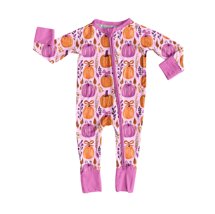 5.29 Preorder (moq 5)Baby Girls Hot Pink Long Sleeves Pumpkins Floral Zipper Pant Rompers