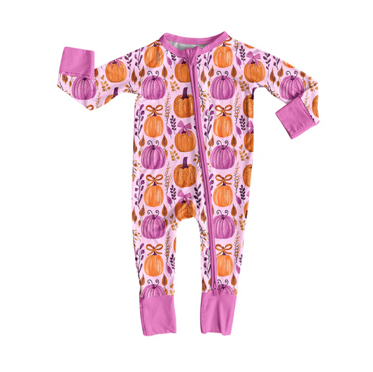 5.29 Preorder (moq 5)Baby Girls Hot Pink Long Sleeves Pumpkins Floral Zipper Pant Rompers