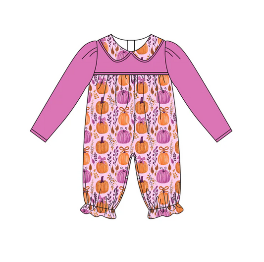 5.29 Preorder (moq 5)Baby Girls Hot Pink Long Sleeves Pumpkins Floral Ruffle Pant Rompers