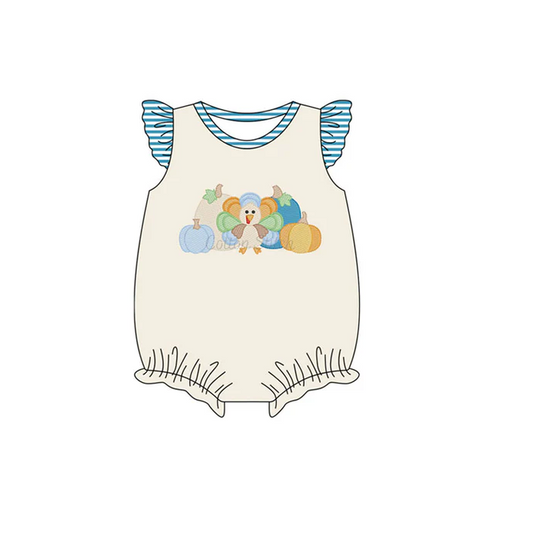 5.29 Preorder (moq 5)Baby Girls Blue Stripe Flutter Sleeves Turkey Pumpkins Ruffle Rompers