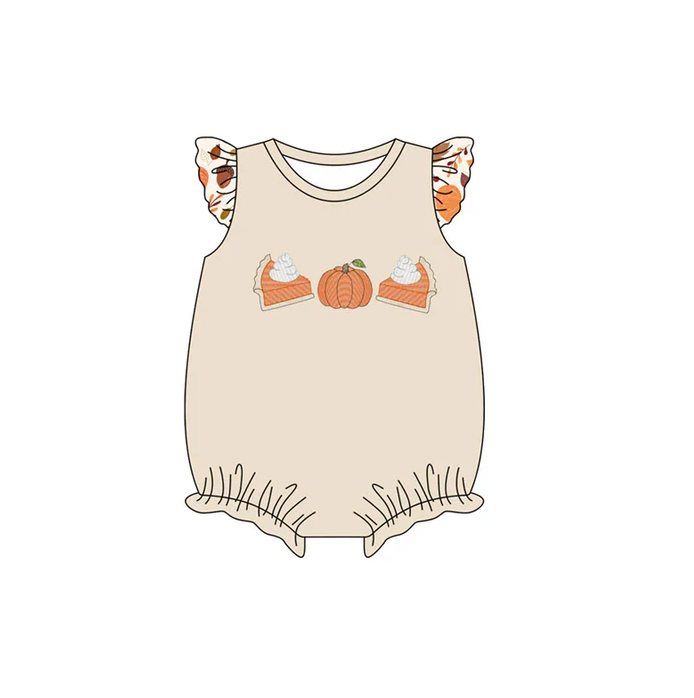 5.29 Preorder (moq 5)Baby Girls Flutter Sleeves lvory Cakes Pumpkins Ruffle Rompers