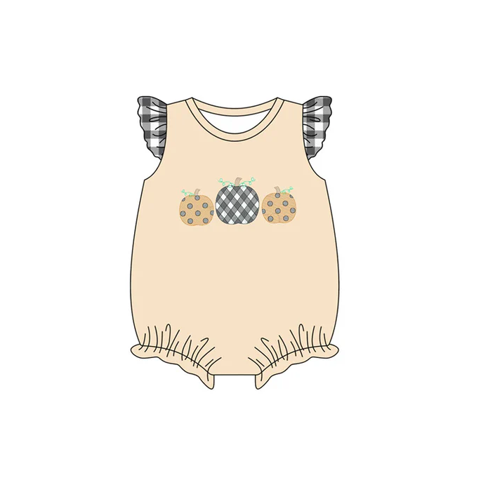 5.29 Preorder (moq 5)Baby Girls Gray Plaid Flutter Sleeves Yellow Pumpkins Ruffle Rompers