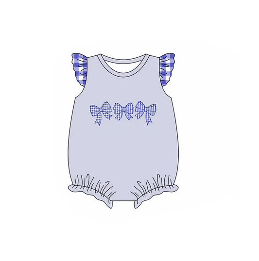 5.29 Preorder (moq 5)Baby Girls Blue Plaid Flutter Sleeves Bows Ruffle Rompers