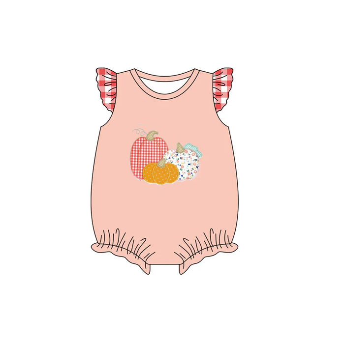 5.29 Preorder (moq 5)Baby Girls Pink Plaid Flutter Sleeves Floral Pumpkins Ruffle Rompers