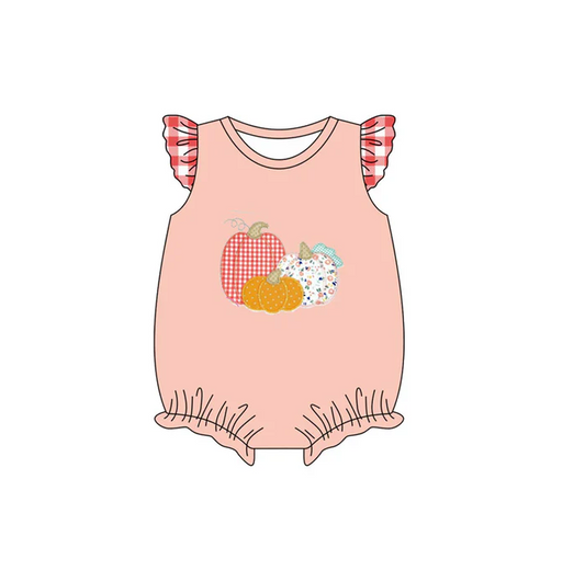 5.29 Preorder (moq 5)Baby Girls Pink Plaid Flutter Sleeves Floral Pumpkins Ruffle Rompers