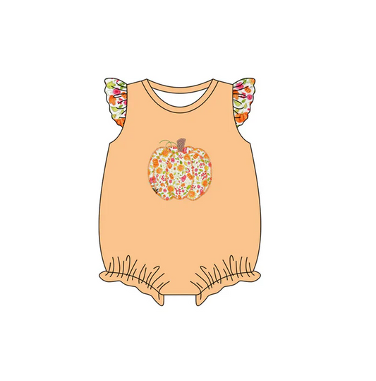 5.29 Preorder (moq 5)Baby Girls Orange Flutter Sleeves Floral Pumpkins Ruffle Rompers