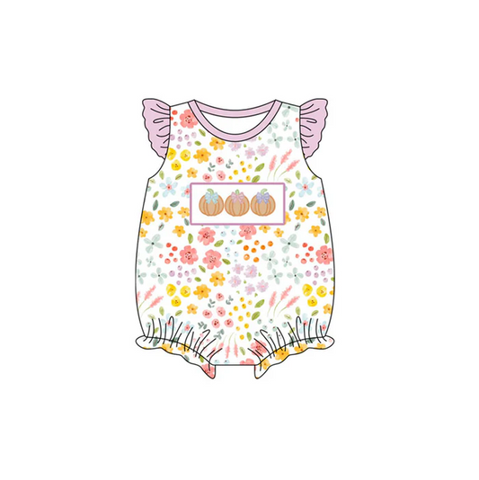 5.30 Preorder (moq 5)Baby Girls Pink Flutter Sleeves Flowers Pumpkins Ruffle Rompers