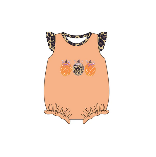 5.30 Preorder (moq 5)Baby Girls Leopard Flutter Sleeves Bows Pumpkins Ruffle Rompers