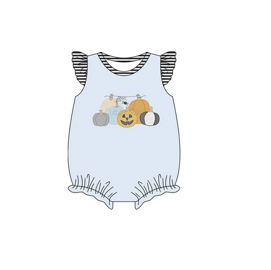 5.30 Preorder (moq 5)Baby Girls Blue Flutter Sleeves Ghost Pumpkins Ruffle Rompers