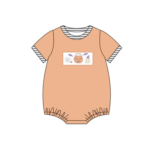 5.30 Preorder (moq 5)Baby Boys Peach Short Sleeves Ghost Pumpkins Bats Bummies Rompers