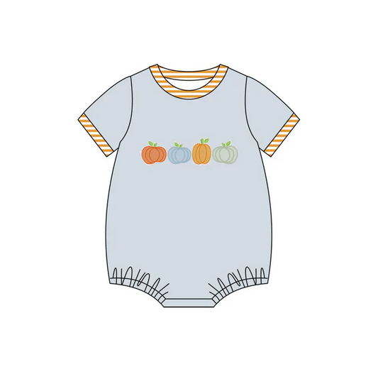 5.30 Preorder (moq 5)Baby Boys Blue Short Sleeves Pumpkins Bummies Rompers