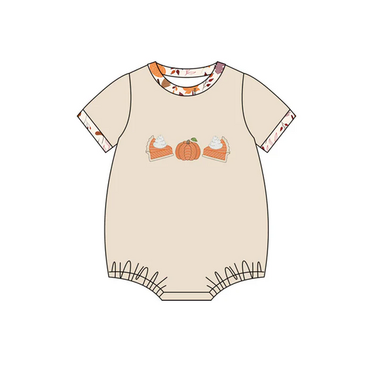 5.30 Preorder (moq 5)Baby Boys Khaki Short Sleeves Cakes Pumpkins Bummies Rompers