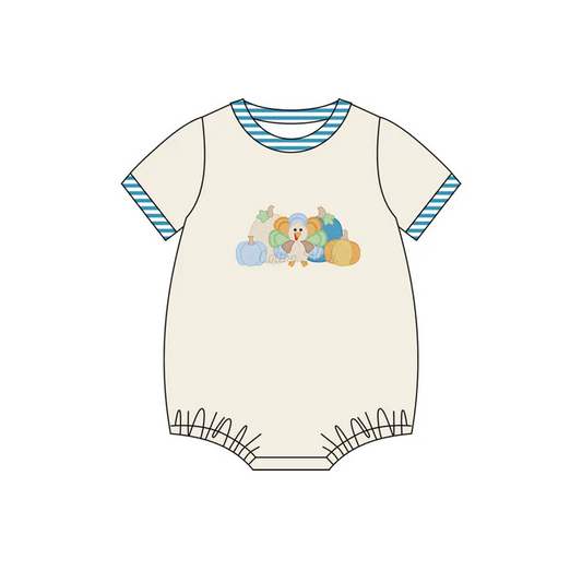 5.30 Preorder (moq 5)Baby Boys Khaki Short Sleeves Turkey Pumpkins Bummies Rompers