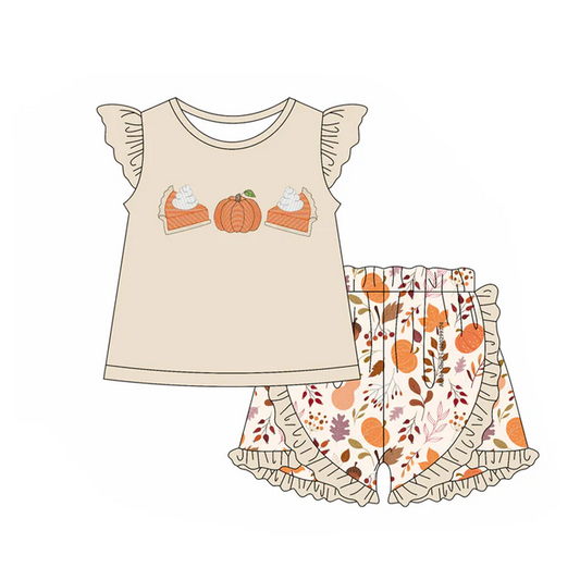 5.30 Preorder (moq 5)Baby Girls lvory Flutter Sleeves Cakes Pumpkins Top Floral Ruffle Shorts Set