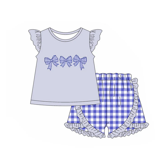 5.30 Preorder (moq 5)Baby Girls Blue Flutter Sleeves Plaid Bows Top Ruffle Shorts Set