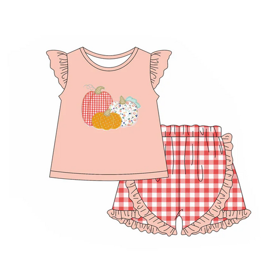 5.30 Preorder (moq 5)Baby Girls Peach Flutter Sleeves Floral Pumpkins Top Plaid Ruffle Shorts Set