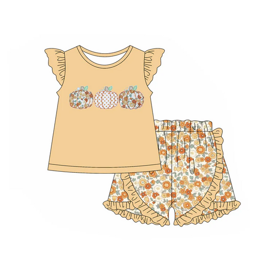 5.30 Preorder (moq 5)Baby Girls Yellow Flutter Sleeves Floral Pumpkins Top Ruffle Shorts Set